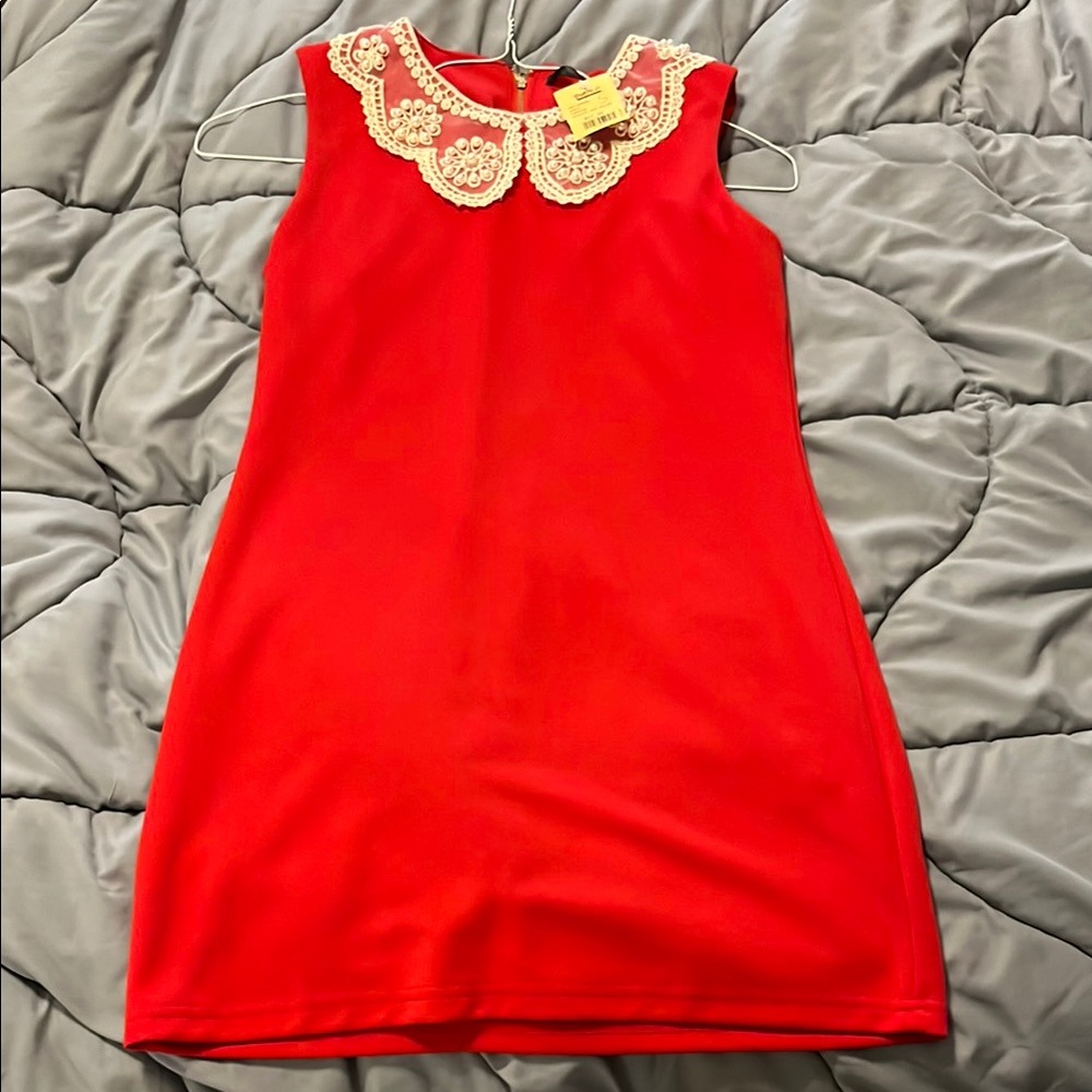 Red Holiday Dress with Lace Collar sz small